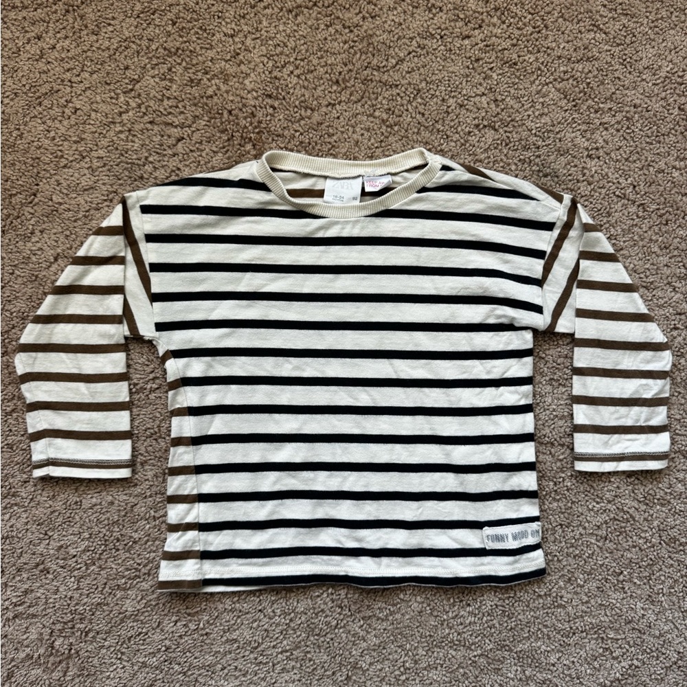 Zara Kids Cream and Black and browns Striped Long Sleeve Tee